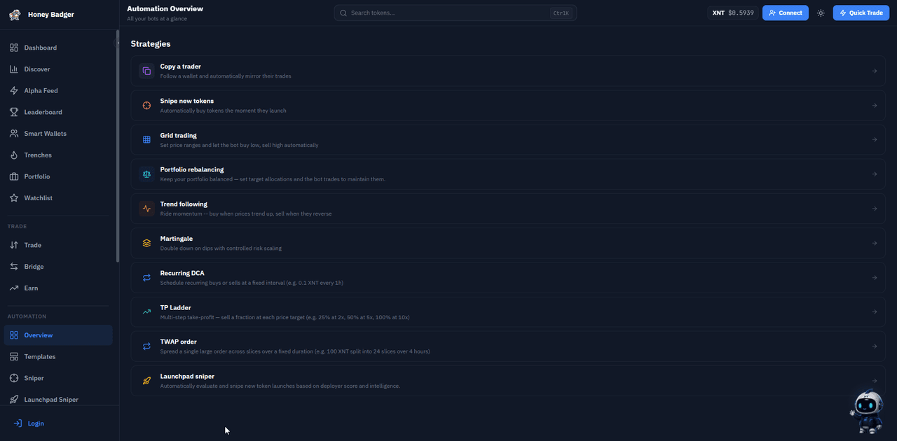 Honey Badger Automation Overview listing available strategies including copy trader, snipe, grid, rebalancing, trend following, martingale, DCA, TP ladder, TWAP, and launchpad sniper