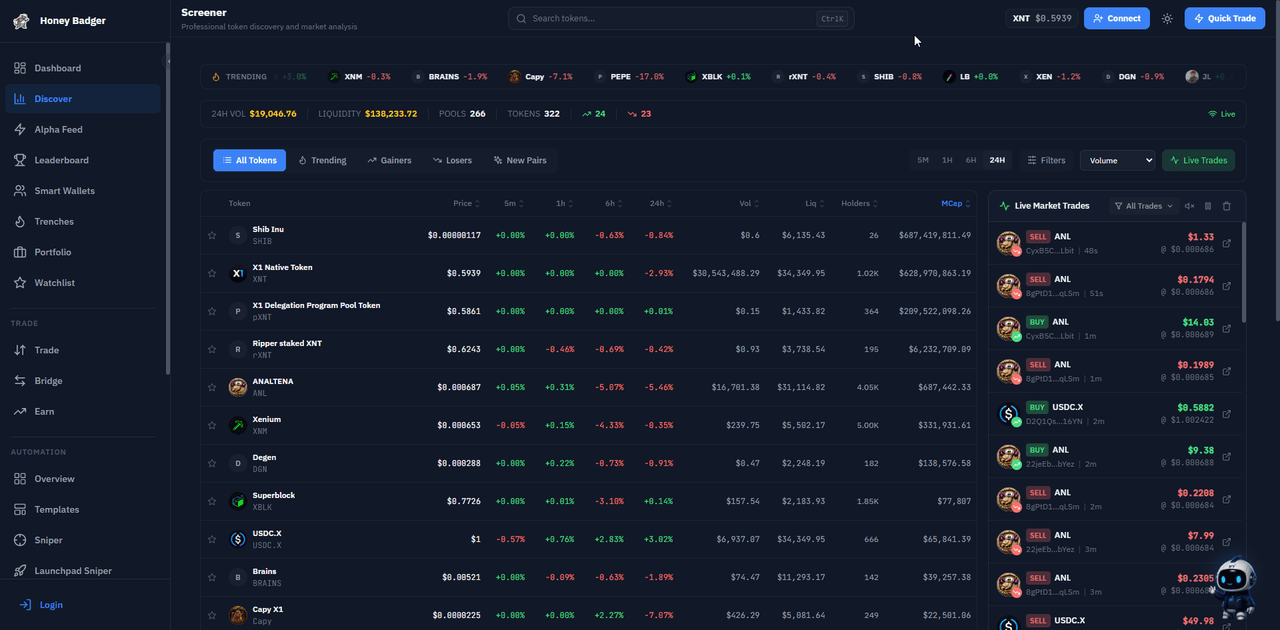 Honey Badger token screener with live market data