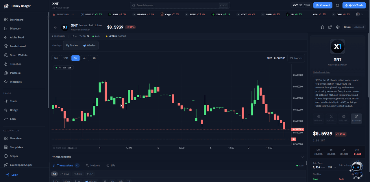 Honey Badger trading terminal showing the XNT candlestick chart with live transactions