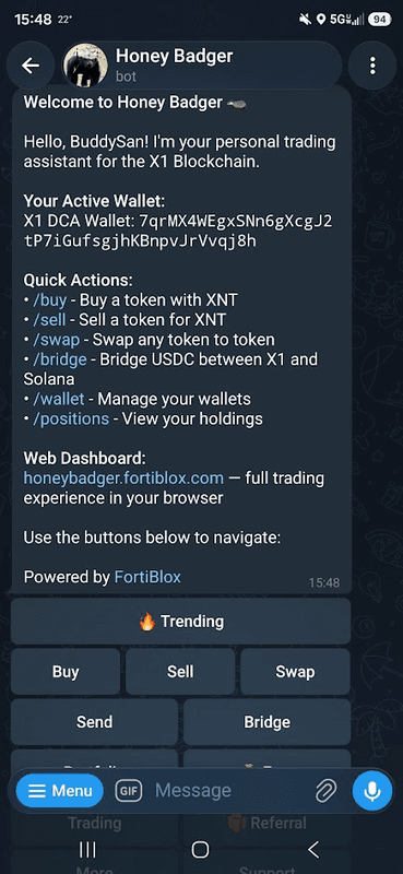 Honey Badger Telegram bot main menu