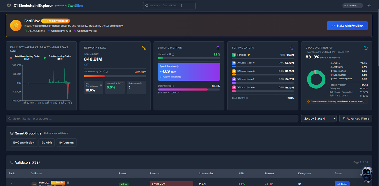 Explorer staking dashboard with network staking metrics